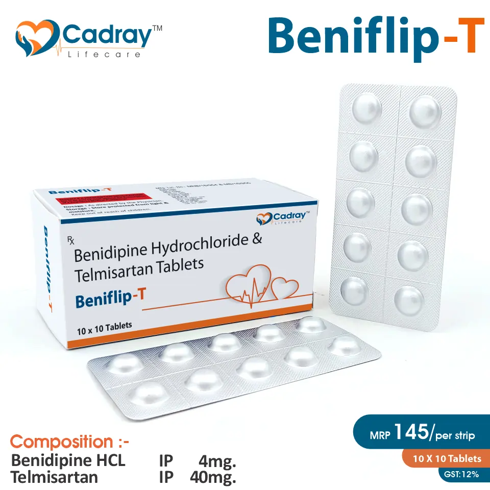 Beniflip 4 Tablet with Benidipine 4mg helps manage hypertension. WHO GMP certified, available at the best price for PCD pharma franchise, third-party manufacturing & export.